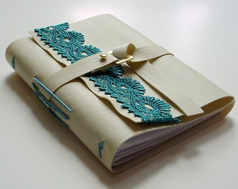 Gift For Her Under Twenty-five Dollars - Faux Leather Journal - Cream and Teal