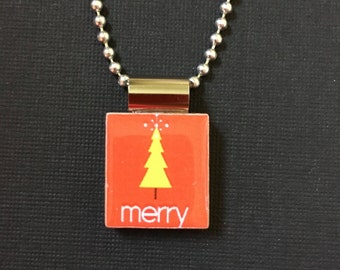 Merry Christmas Tree Jewelry, Christmas Tree necklace, Christmas Tree Pendant, recycled scrabble tile jewelry, Christmas gift idea, chain