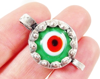 Irish Green Evil Eye Round Glass Connector Pendant - Silver Plated 1pc