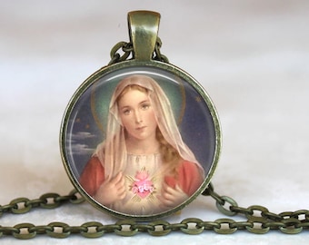 Immaculate Heart of Mary Pendant with 18 or 24 inch chain - Catholic Necklace, Blessed Virgin Mary