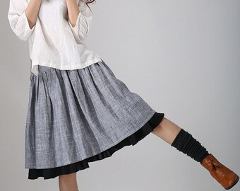 Gray midi skirt, linen skirt, womens skirt, knee length skirt, pleated skirt, skater skirt, A line skirt, fitted skirt, custom skirt (777)