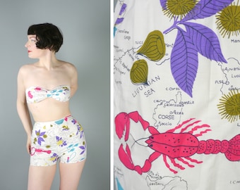 50s NOVELTY cotton bikini by Peter French - LOBSTER chestnut and wine bouteille MAP print - high waisted pants and strapless top - S