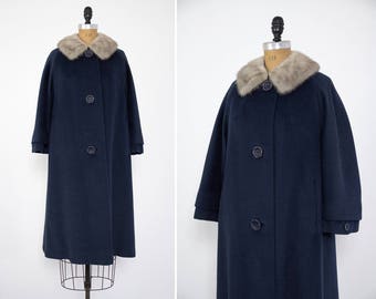 vintage 1950s blue coat fur trim | 1950s winter coat | 50s wool coat | 1950s swing coat | mink collar