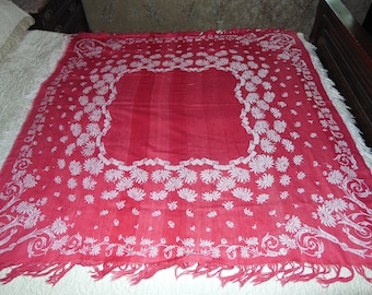 Antique Turkey Red Damask Jacquard Tablecloth Reversible