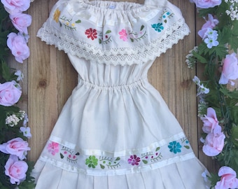 Mexican embroidered child dress size 4T boho peasant off the shoulder cowgirl style mexican birthday dress