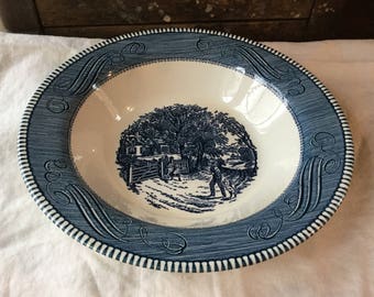 Royal China Serving Bowl Currier and Ives Blue and White Transferware / Underglaze Print