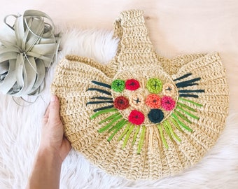 Vintage Woven Jute Handbag with Embroidered Floral / Woven Purse with Floral / Macrame Purse