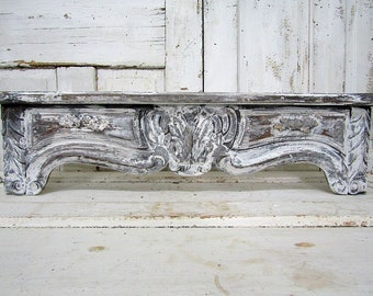 Ornate wooden cornice shelf wall hanging French farmhouse style shelving rose garland embellished painted wood home decor anita spero design