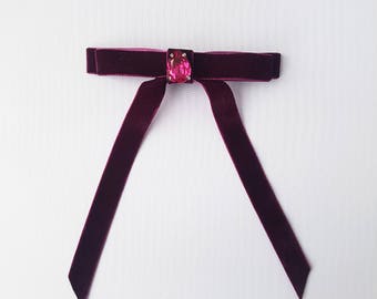 Purple Hair Bow/French Barrette/Birthday Hair Bow/Valentin's Day Gift/Wedding Hair Bow/Bridal Hair Accessories/Velvet Bow/Swarovski/Cute Bow