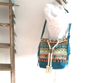 Cross body bag, turquoise, vegan, corduroy, aztec, fringe, beads, shell, orange, tassels, cotton cord, shoulder bag, gobelin.