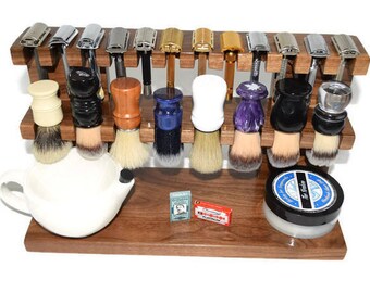 The Ultimate Wood shaving Razor and Brush double decker stand 16" wide, Men's gift
