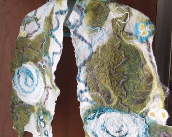 White, Green and Turquoise Nuno Felted Scarf, Merino Wool and Silk Felted Scarf. Unique, and Soft Handmade Scarves, Felted with Love.