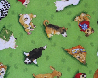 Dog Print Fabric, Puppy Dreams, Multi Dog Print Cotton Fabric, Green Dog Fabric, South Sea Imports, OOP, Fabric by the Yard, 1 yard