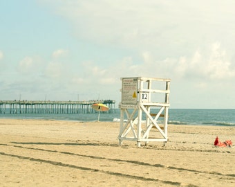 Lifeguard chair beach photography, seashore art print, teal beige aqua coastal wall art print 24x36, nautical beach decor, Virginia Beach