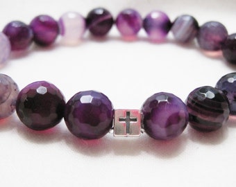 Sterling Silver Cross Purple Agate Stretch Bracelet
