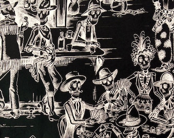 DEAD SALOON fabric cotton patchwork saloon scenes in ivory skeletons on black x50cm