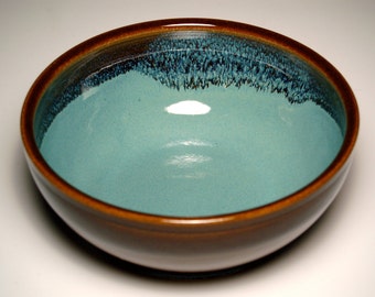 Hand-Thrown Serving Bowl - Brown and Teal Pottery