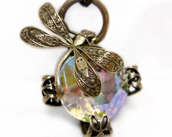 Dragonfly necklace in filigree, Art Nouveau pendant necklace, vintage filigree jewelry, fantasy jewelry, bug necklace, brass necklace