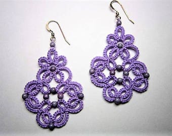 Lavender Lace Earrings, Lavender Earrings, Tatted Earrings, Tatted Lace Jewelry, Beaded Lace, Lace Earrings, Lace Jewelry, Beaded Earrings