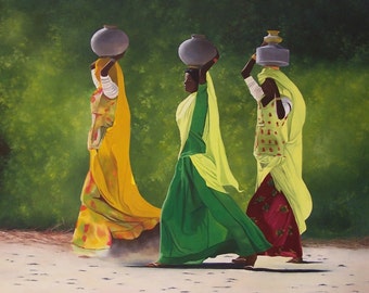 SOLD. Indian. Indian women, stage of life, green, orange, yellow, colorful dress printed floral, trees, modern