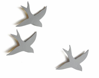 We Three Together Ceramic wall art 3D Acrylic painting Three swallows Modern Mid gray Soft pale grey birds Kitchen art bathroom living room