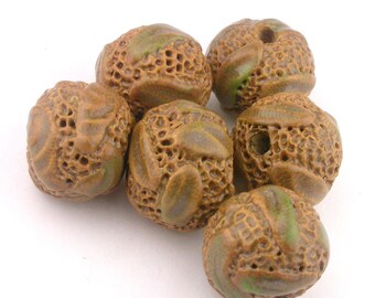 Brown Beads, Leaf Beads, Pottery Beads, Ceramic Beads, Stoneware Beads, Tan Beads, Round Beads, artist beads, textured beads stringing beads