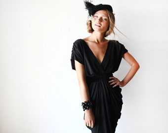 Black open back dress at knee length, Backless black short gown 1007