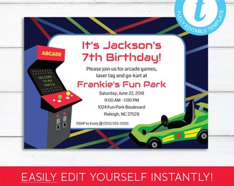Arcade Birthday Party | Laser Tag, Arcade Games, Go-Karts | Instant Download | Editable Invitation | Templett.com | Printable Invitation