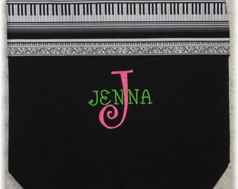 Personalized music lesson book bag treble clef piano keyboard black canvas embroidery student birthday recital kids gift idea