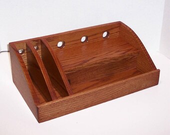 Charging Station / Docking Station with slots for iPad, Kindle, Nook, iPhone, cell phone Handcrafted in Oak with attached power strip
