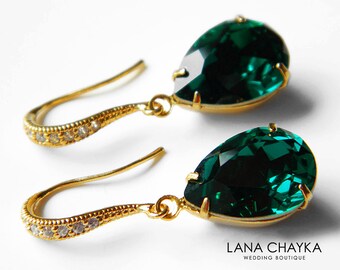 Emerald Green Crystal Earrings Swarovski Emerald Rhinestone Vermeil Gold CZ Earrings Wedding Earrings Bridesmaid Jewelry Teardrop Earrings
