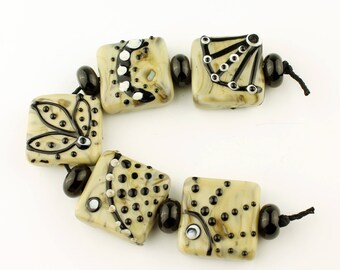 Handmade Lampwork Glass Beads Set, Large Square Tab Focal Brown, Black