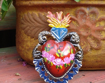 Hearts Tin Heart Milagro With Flowers Rays or Painted Flowers