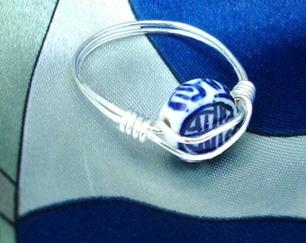 JAPANESE BLUE Ceramic Ring, SZ 10, Navy Blue writing, Silver Wire-Wrapped ring, New Summer Collection, RedRobinArt, Grigsby Gallery