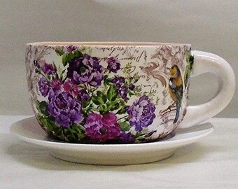 Made To Order, Handmade Decoupage Ceramic Tea Cup Planter, Birds, Floral 4"