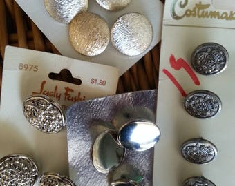 Collection Vintage Silver Metal Buttons Cards Craft Supplies Knitting Sewing