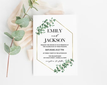 Eucalyptus Gold Geometric Wedding Invitation, Eucalyptus Wedding Invitation Printable, Wedding Invitation Template, Botanical Wedding Invite