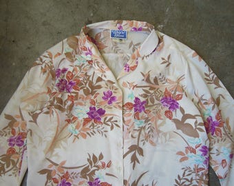 Vtg Retro Tropical Floral Silky Polyester Blouse Small Medium 70s 80s