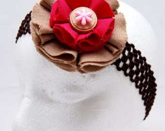 Deep Carmine Pink on Tan Fabric Flower on Chocolate Brown Headband