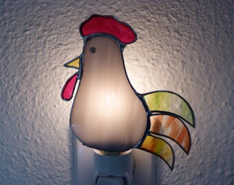 Stained Glass Night Light, Gray Rooster, Bird Farm Animal, Bedroom Bathroom Kitchen Decor, Handmade Birthday Gift For Him Her Man Woman