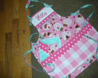 Girls Cupcake Aprons - Girls Monogrammed Apron -Personalized Childrens Apron - Cupcake Girl Apron - Pink Cupcake Apron - Annies Attic Aprons