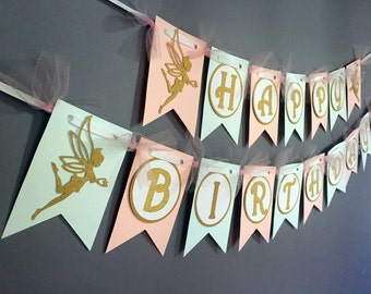 Gold and Pink Fairy Birthday Banner - Pink Sparkle Birthday Decoration - Pink Mint Gold Glitter Fairies