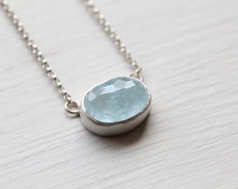Aquamarine and Silver Necklace - Rose Cut Aquamarine - 17 inches