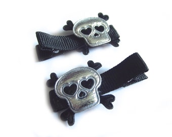 Skull Hair Clips Skull and Crossbones Halloween Hair Clips Rock N Roll Hair Clips Punk Hair Clips Black Hair Clips Silver Hair Clips Baby