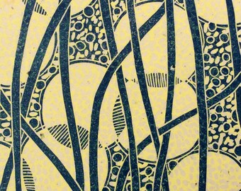 linocut - LUMINARIES // 8x10 art print // printmaking // block print // blue, yellow // original art // luminary // lantern // illumination