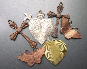Vintage Cross Pendants Ex Voto Heart and Butterfly Pendants Vintage Jewelry Supply
