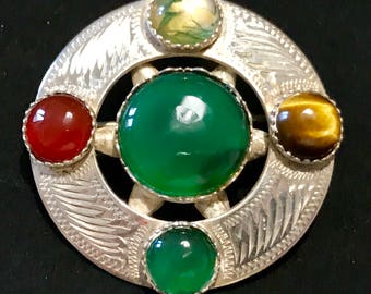 Vintage Scottish brooch, Silver Celtic shield, hallmarked WBs, Ward Bros, silver, Edinburgh 1961, moss agate, tigers eye, carnelian, jade