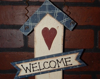 Welcome Birdhouse Rustic Country Primitive Solid Wood Handemade Wall Hanging