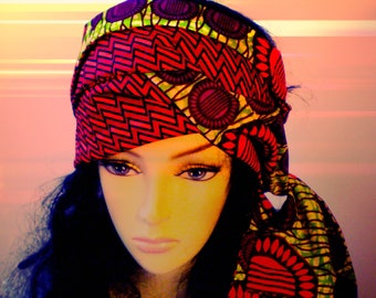 Green Orange African Head Scarf, Green Red Purple African Head Scarf, Reversible African Head Scarf, Green Orange African Head Wrap