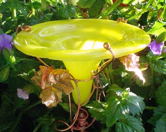 BIRTHDAY Gift, Stained glass, HUMMINGBIRD Feeder, Yellow, copper art, Garden Art, outdoor living, fused glass